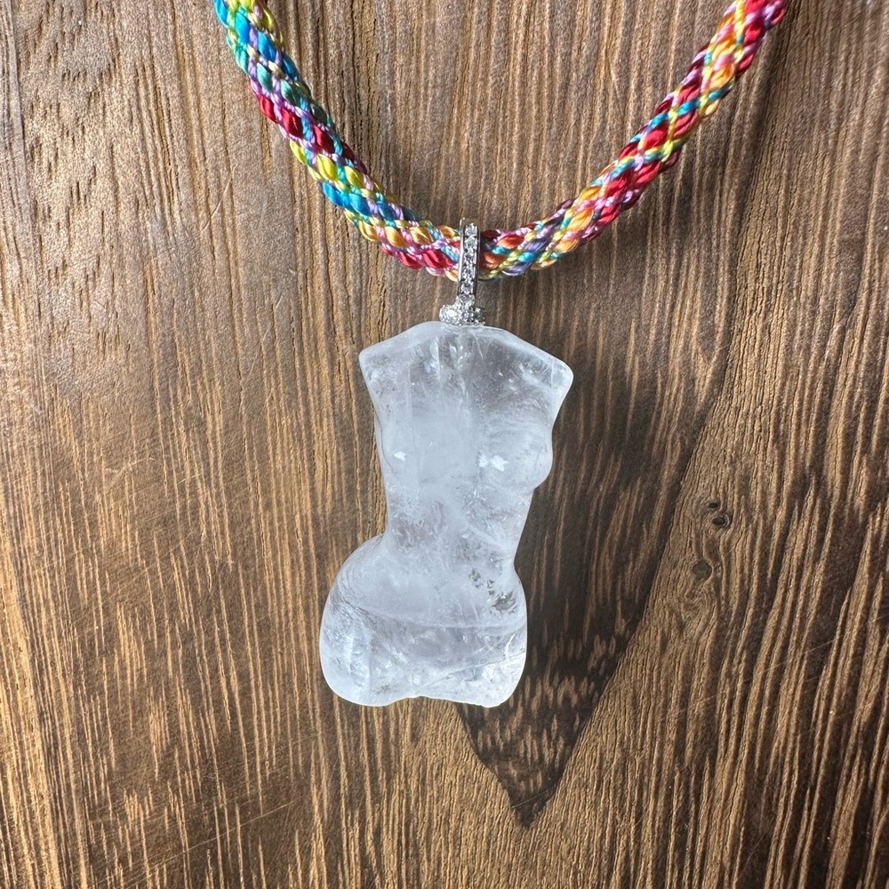 Clear Quartz Lady Body Carving Pendant Necklace on Multicolor Rope, Silver Bail - Picture 2 of 14